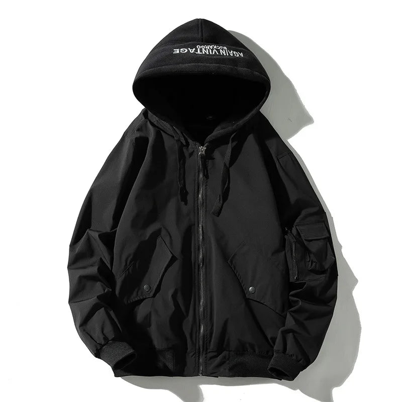 Mens Bomber Jackets Solid Man Retro Vintage Jacket Casual Baseball Jacket Japanese Harajuku Hooded Autumn Chaqueta Hombre 2019