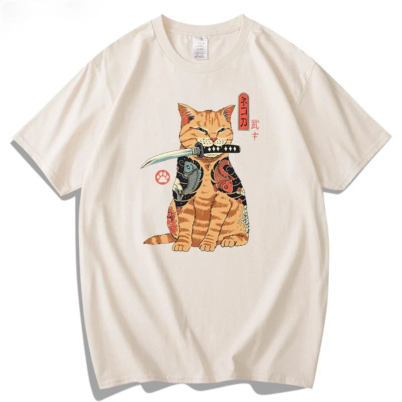 Vintage T Shirt Men Women Harajuku Anime T Shirt Japanese Printed Cat Loose Summer Top Cotton Short Sleeve Streetwear Hipster