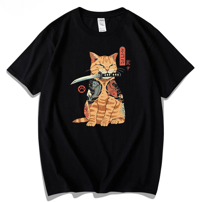 Vintage T Shirt Men Women Harajuku Anime T Shirt Japanese Printed Cat Loose Summer Top Cotton Short Sleeve Streetwear Hipster