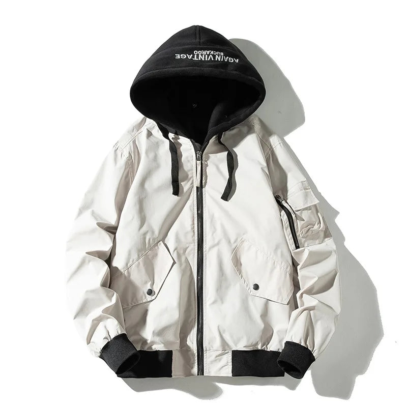 Mens Bomber Jackets Solid Man Retro Vintage Jacket Casual Baseball Jacket Japanese Harajuku Hooded Autumn Chaqueta Hombre 2019