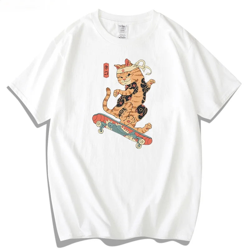 Vintage T Shirt Men Women Harajuku Anime T Shirt Japanese Printed Cat Loose Summer Top Cotton Short Sleeve Streetwear Hipster