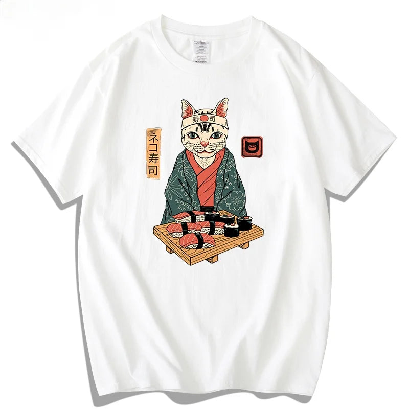 Vintage T Shirt Men Women Harajuku Anime T Shirt Japanese Printed Cat Loose Summer Top Cotton Short Sleeve Streetwear Hipster