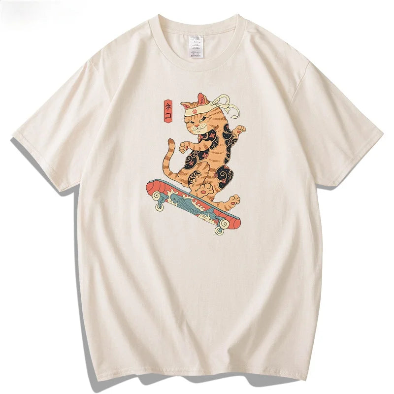 Vintage T Shirt Men Women Harajuku Anime T Shirt Japanese Printed Cat Loose Summer Top Cotton Short Sleeve Streetwear Hipster