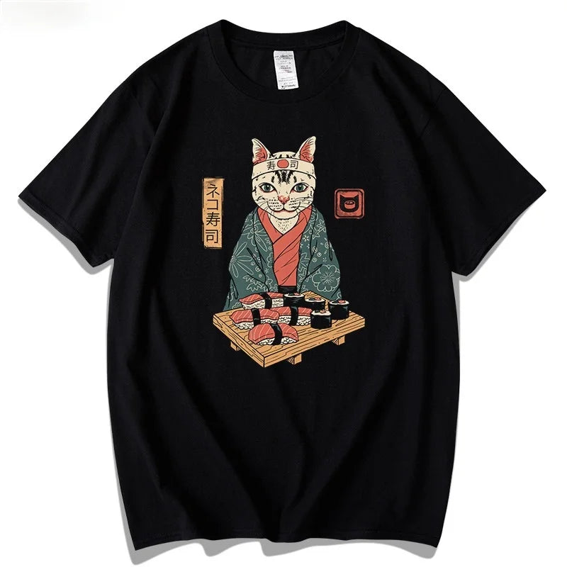 Vintage T Shirt Men Women Harajuku Anime T Shirt Japanese Printed Cat Loose Summer Top Cotton Short Sleeve Streetwear Hipster