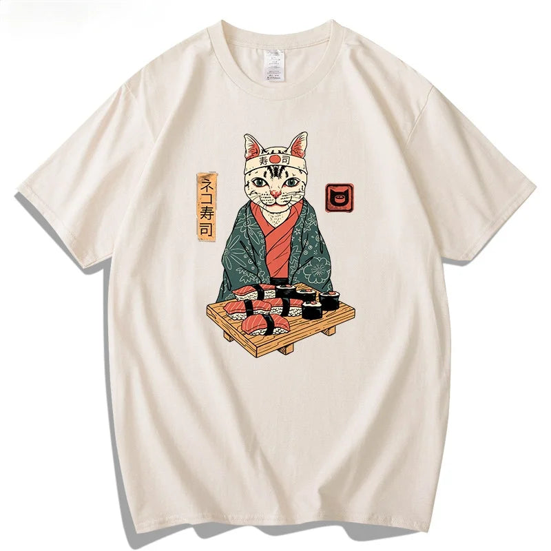 Vintage T Shirt Men Women Harajuku Anime T Shirt Japanese Printed Cat Loose Summer Top Cotton Short Sleeve Streetwear Hipster