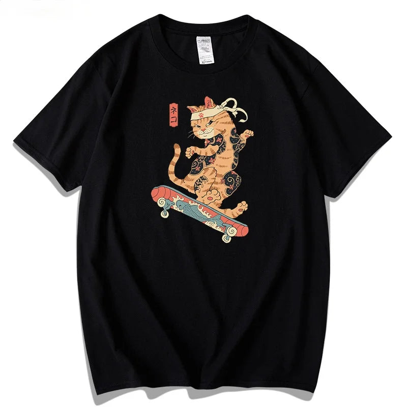 Vintage T Shirt Men Women Harajuku Anime T Shirt Japanese Printed Cat Loose Summer Top Cotton Short Sleeve Streetwear Hipster