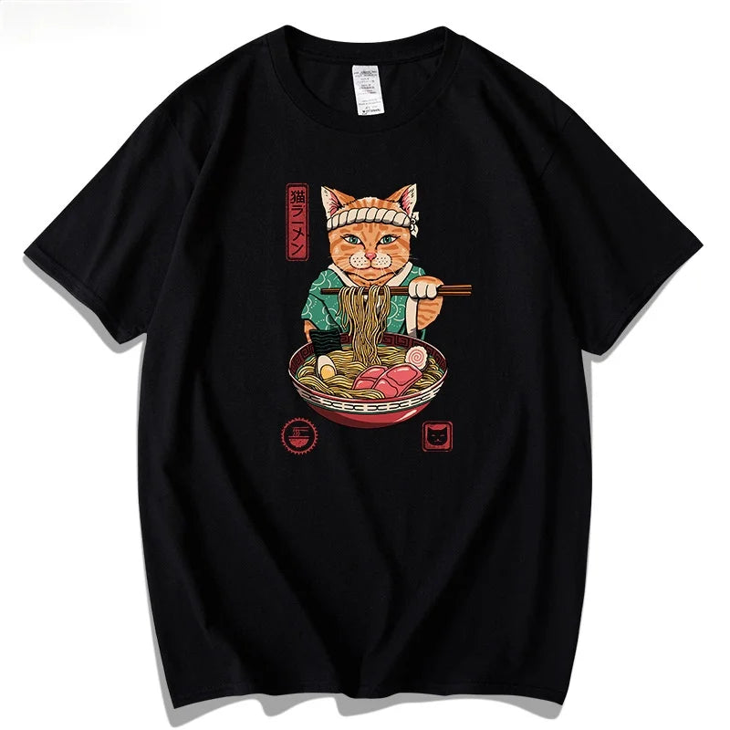 Vintage T Shirt Men Women Harajuku Anime T Shirt Japanese Printed Cat Loose Summer Top Cotton Short Sleeve Streetwear Hipster