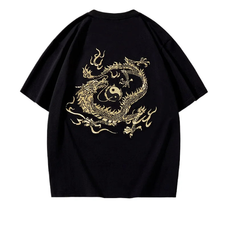 Embroidery T Shirt Men Gold Dragon Graphic T Shirts Man Vintage Hip Hop Chinese Tees Short Sleeve Cotton Casual Summer Tops Male