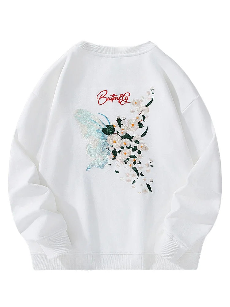 Fashion Crewneck Sweatshirt Men Butterfly Embroidery Hoodies Women Flower Graphic Harajuku Hoodies High Street Youth Streetwear