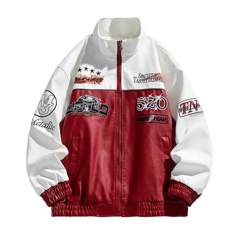 Leather Jacket Man Embroidery Letter Biker Jacket Men Fashion Racing Coat Baggy Loose Spring Autumn Windbreaker Outwear Red 2025