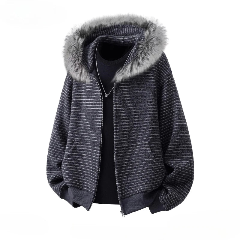 Zip Up Hoodie Man Stripe Hoodies Women Fashion Fur Collar Vintage Sweatshirt Hooded Zipper Coat Japanese Designer Harajuku 2025