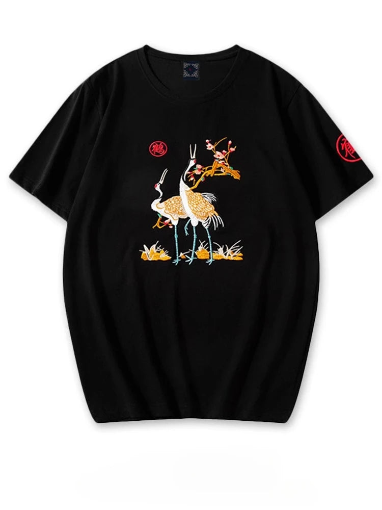 Fashion Crane Embroidery T Shirt Man Chinese Vintage T Shirt Woman Cotton Harajuku  Graphic Tees  Tops Short Sleeve Unisex Male