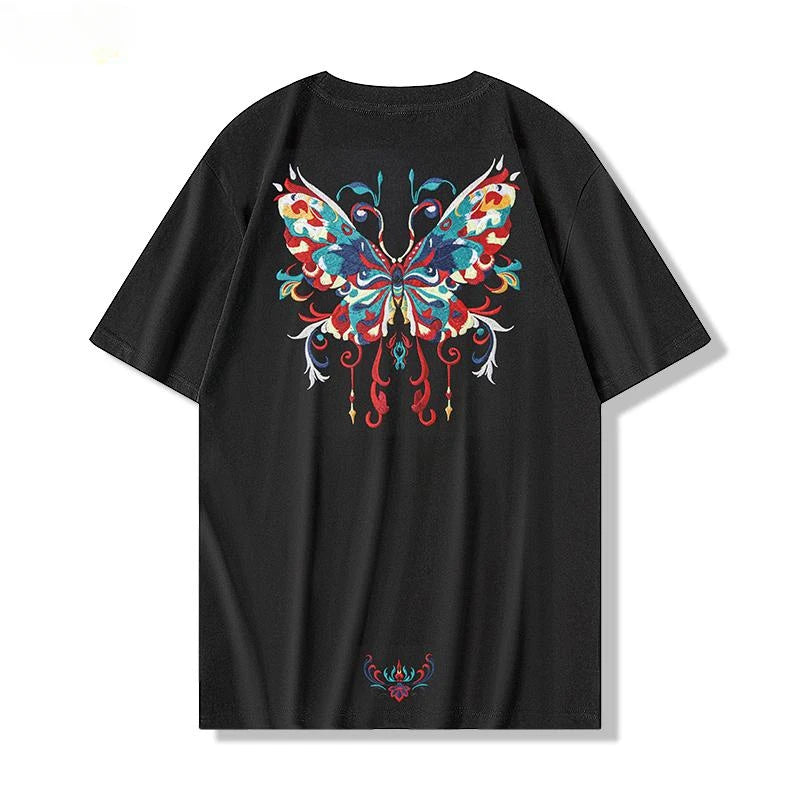 Men Embroidery T Shirt Butterfly Graphic T Shirts Women Fashion Hip Hop Designer Tees Cotton Short Sleeve High Street Unisex