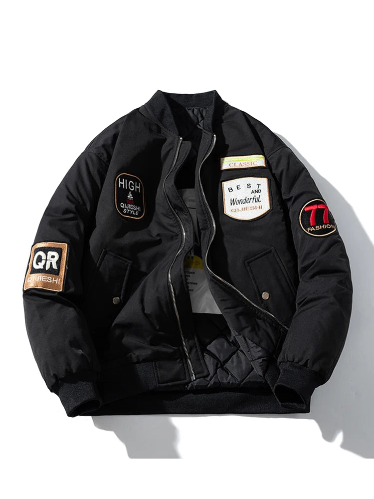 Vintage Bomber Jacket Man Badge Army Pilot Jacket Mens Military Letter American Motorcycle Coat Hooded Winter Parkas Streetwear
