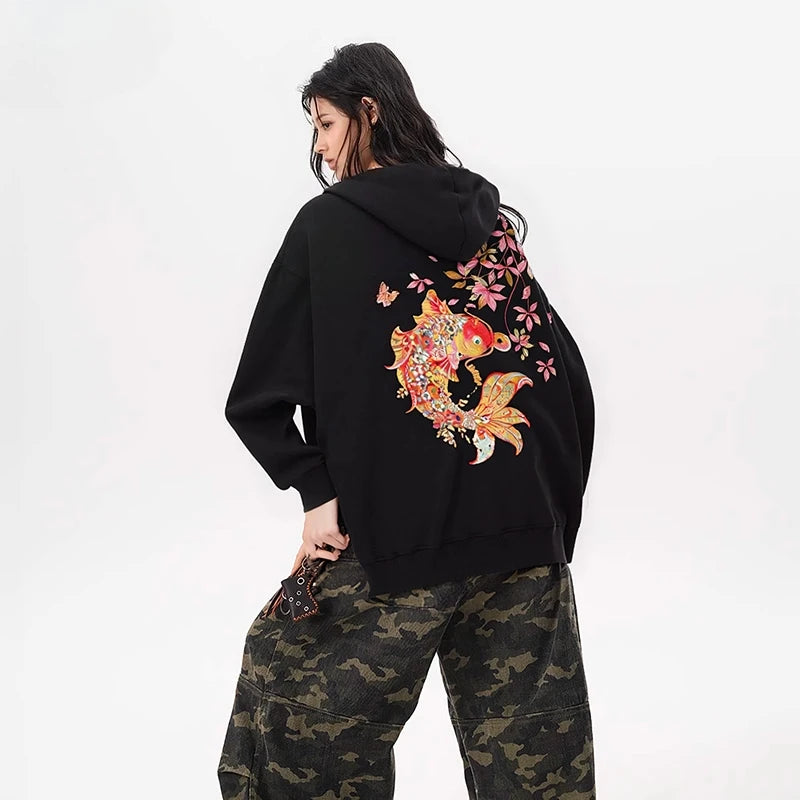 Fashion Embroidery Hoodies Man Brocaded Carp Sweatshirt Women Harajuku Hoodies Oversize Chinese Vintage Hoody Couple Pullover