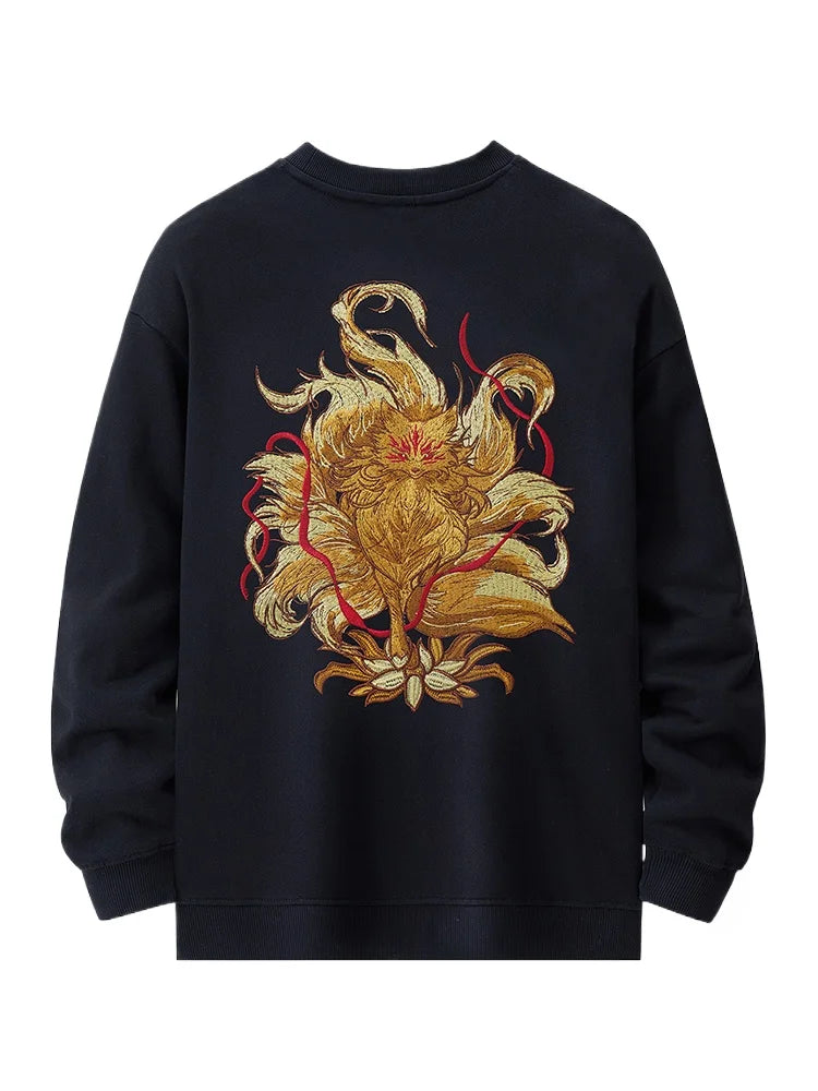 Hip Hop Crewneck Sweatshirt Men Vintage Fox Embroidery Hoodies Women Fashion Cotton Japanese Harajuku Pullover Streetwear Male