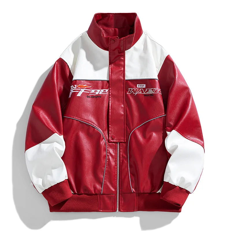 Fashion Leather Jacket Men Motorcycle Biker Jacket Man Original Patchwork Coat Baggy Letter Embroidery Designer Clothes Red 2025