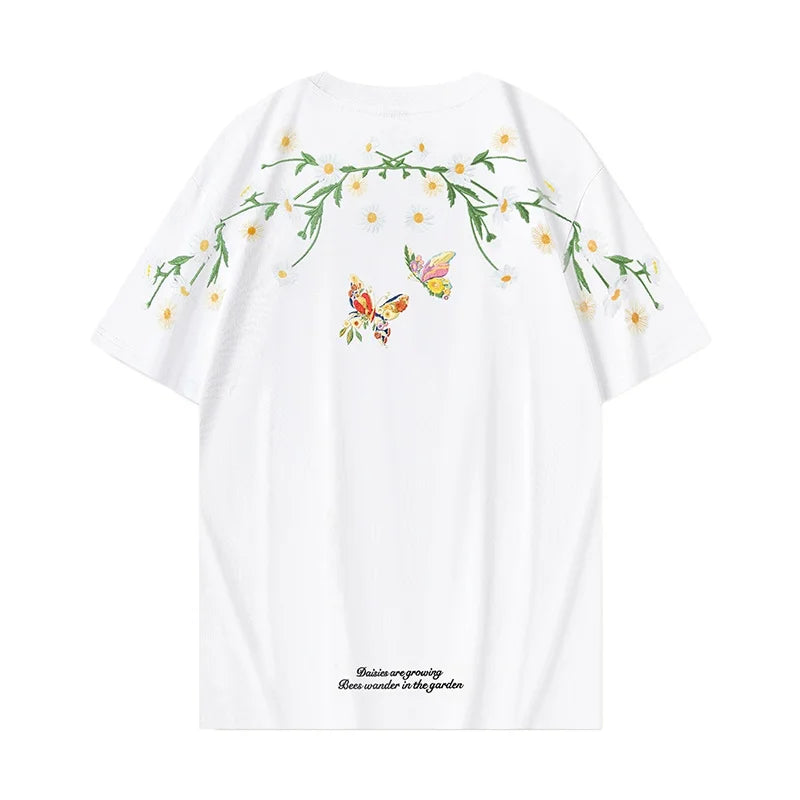 Fashion Men T Shirt Vintage Embroidery T Shirt Women Daisy Hip Hop Tees Shirt Cotton Harajuku Loose Summer Top Flower Butterfly