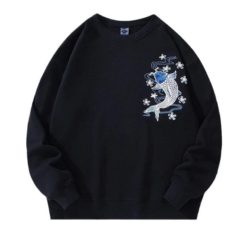 Mens Embroidery Hoodies Women Koi Carp Casual Harajuku Hoodies Japanese Crewneck Sweatshirt Cotton Fleece Pullover Couple Unisex