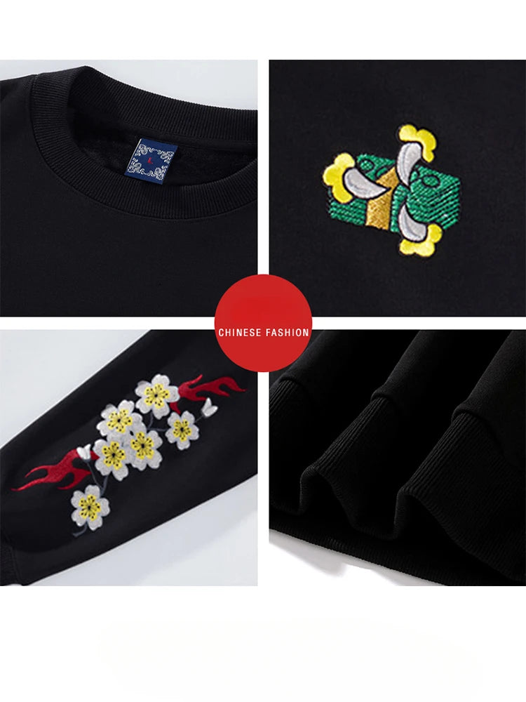 Crewneck Sweatshirt Men Casual Embroidery Hoodies Vintage Chinese Hip Hop Warm Fleece Pullover Cotton Harajuku Streetwear Youth