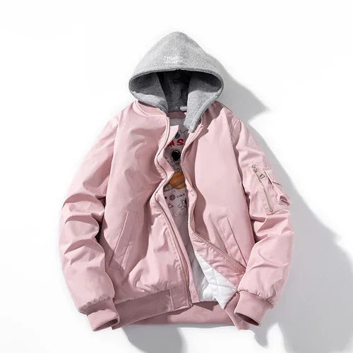 Men Women Bomber Jacket Fashion Autumn Winter Pilot Jacket Solid Vintage Baseball Coat Hooded Couple Windbreaker Pocket Pink