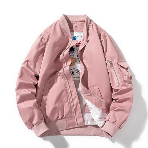 Men Women Bomber Jacket Fashion Autumn Winter Pilot Jacket Solid Vintage Baseball Coat Hooded Couple Windbreaker Pocket Pink