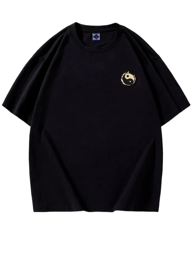 Embroidery T Shirt Men Gold Dragon Graphic T Shirts Man Vintage Hip Hop Chinese Tees Short Sleeve Cotton Casual Summer Tops Male