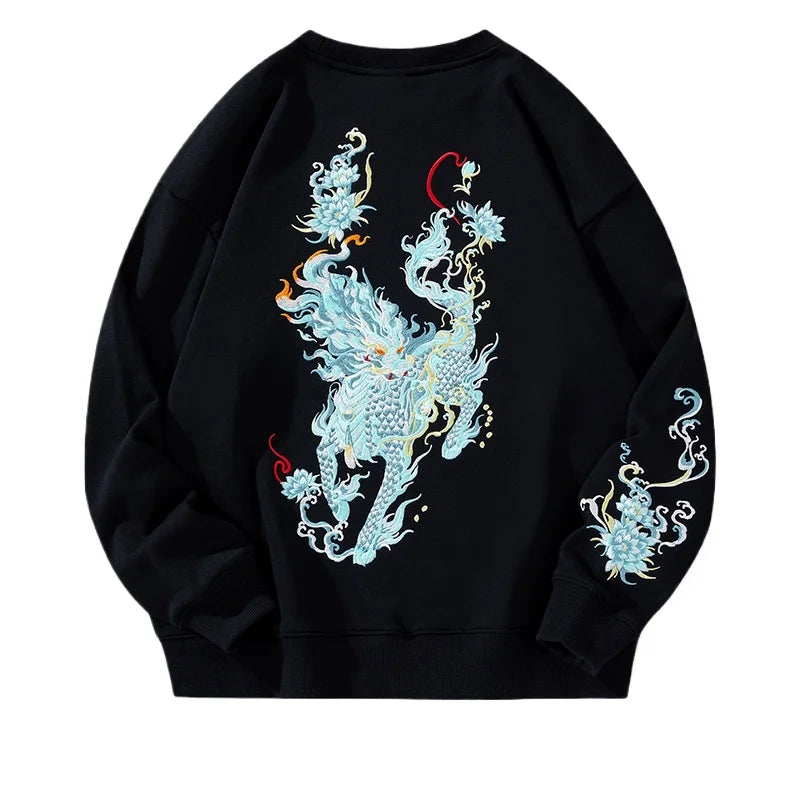 Vintage Hoodies Men Dragon Embroidery Hoodies Women Hip Hop Hooded Sweatshirt Chinese Streetwear Hoody Cotton Fleece Pullover