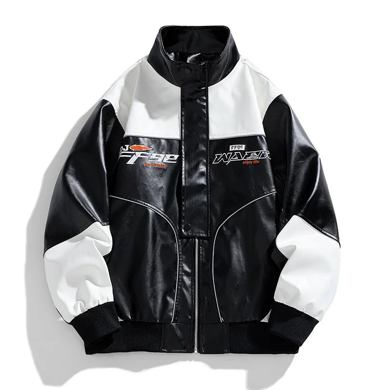 Fashion Leather Jacket Men Motorcycle Biker Jacket Man Original Patchwork Coat Baggy Letter Embroidery Designer Clothes Red 2025