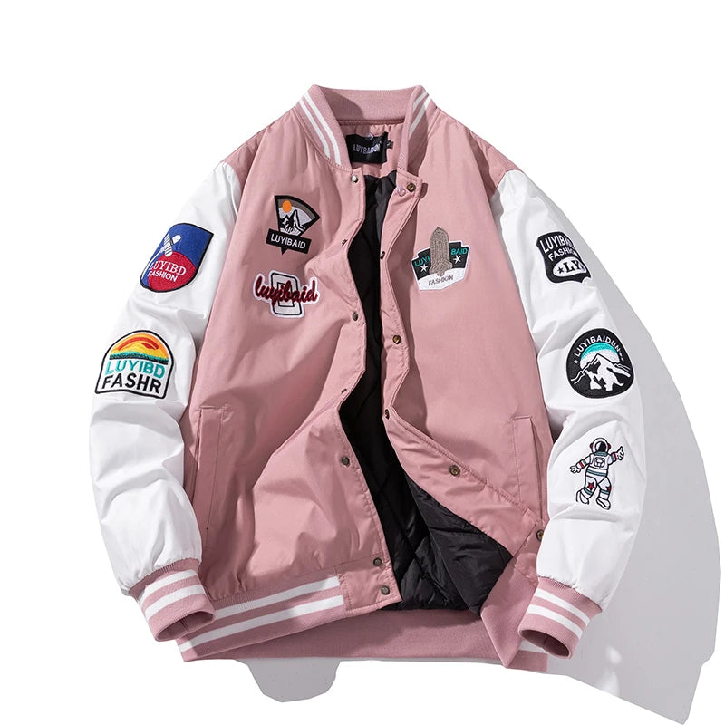 Autumn Winter Varsity Jacket Men Fashion Baseball Jacket Women Embroidery Letter American Coat College Streetwear Button Pink