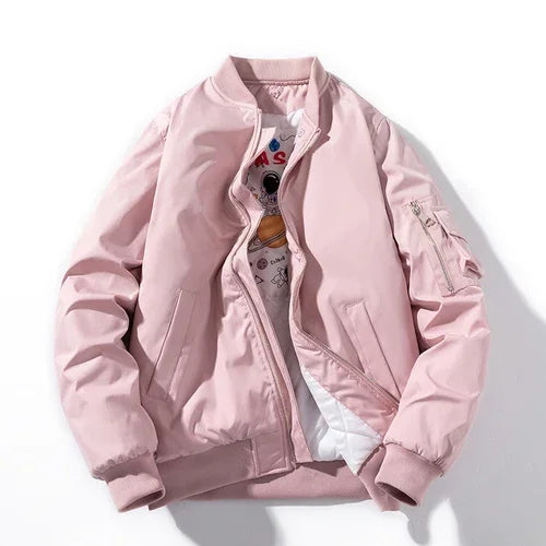 Men Women Bomber Jacket Fashion Autumn Winter Pilot Jacket Solid Vintage Baseball Coat Hooded Couple Windbreaker Pocket Pink