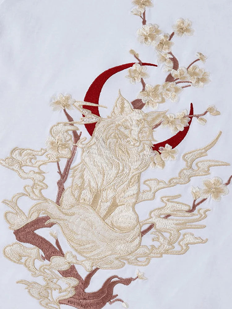 Summer Vintage T Shirt Men Fashion Embroidery T Shirt Women Harajuku Graphic T Shirts Fox Chinese Short Sleeve Loose Cool Unisex