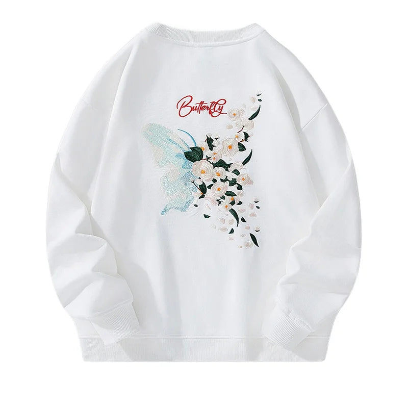 Fashion Crewneck Sweatshirt Men Butterfly Embroidery Hoodies Women Flower Graphic Harajuku Hoodies High Street Youth Streetwear