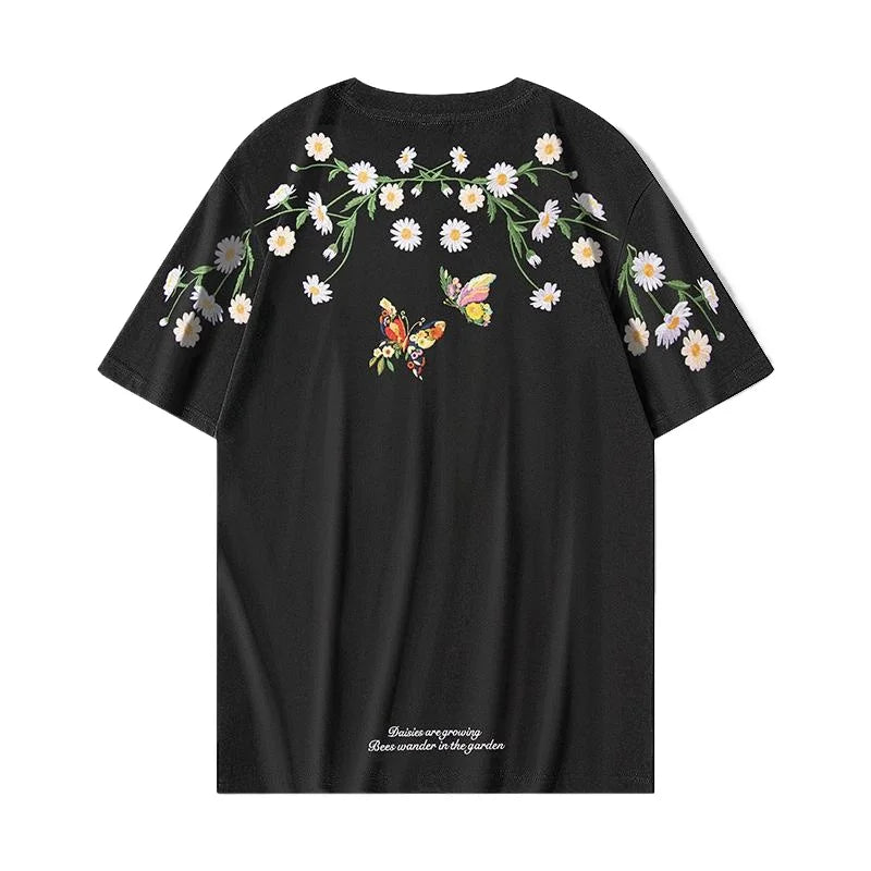 Fashion Men T Shirt Vintage Embroidery T Shirt Women Daisy Hip Hop Tees Shirt Cotton Harajuku Loose Summer Top Flower Butterfly