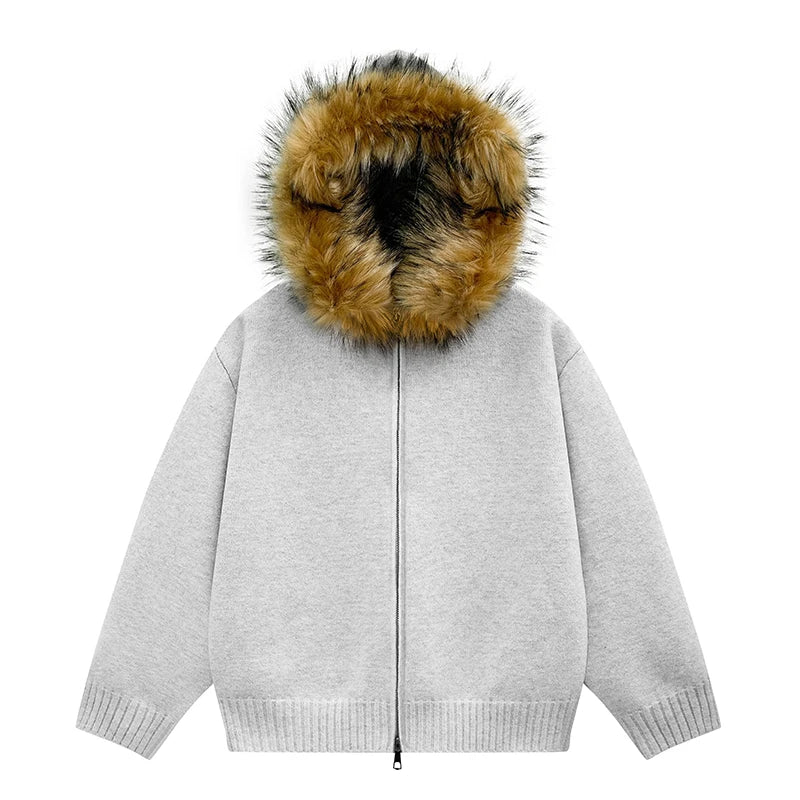 Man Cardigan Jacket Fur Collar Hooded Hooded Sweater Coat Women Fashion Knitted Sweater Casual Harajuku Zipper Couple Japanese