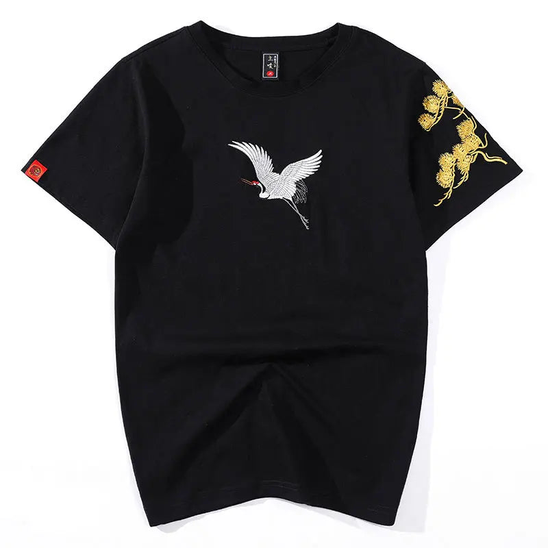 Harajuku T Shirt Men Vintage Crane Embroidery T Shirt Men Women Cotton Short Sleeve Graphic Tees Chinese Fashion hip hop Tops