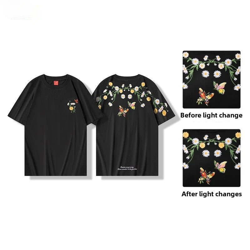 Fashion Men T Shirt Vintage Embroidery T Shirt Women Daisy Hip Hop Tees Shirt Cotton Harajuku Loose Summer Top Flower Butterfly