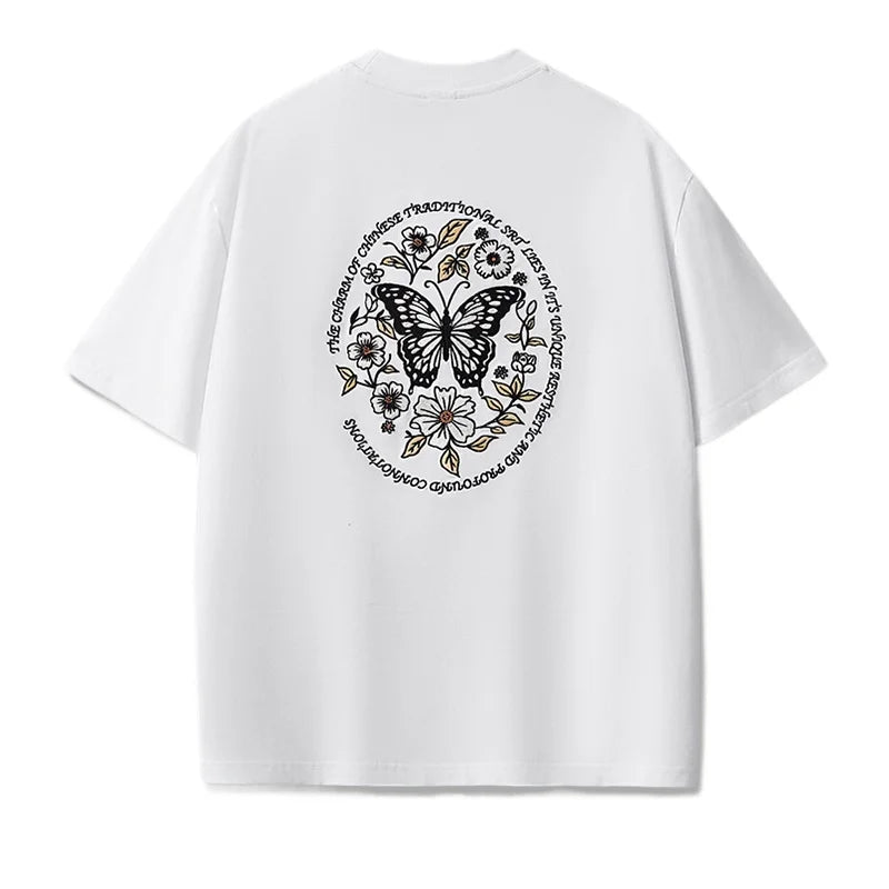 Vintage T Shirt Men Hip Hop Embroidery T Shirt Women Butterfly Letter Cotton Short Sleeve Harajuku Tees Casual Loose Unisex 2025