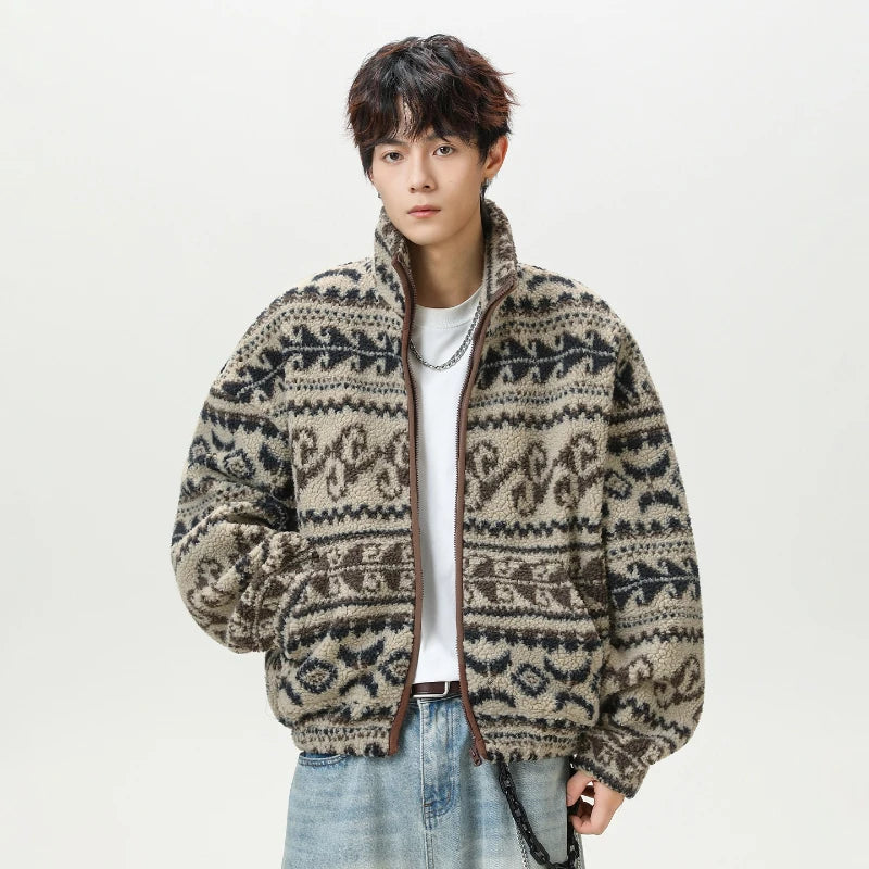 Autumn Winter Fleece Jacket Man Jacquard Fashion Casual Wool Velvet Jacket Men Warm Coat Ethnic Style Women Couple Streetwear