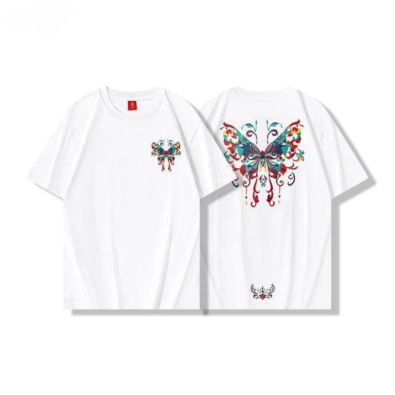 Men Embroidery T Shirt Butterfly Graphic T Shirts Women Fashion Hip Hop Designer Tees Cotton Short Sleeve High Street Unisex