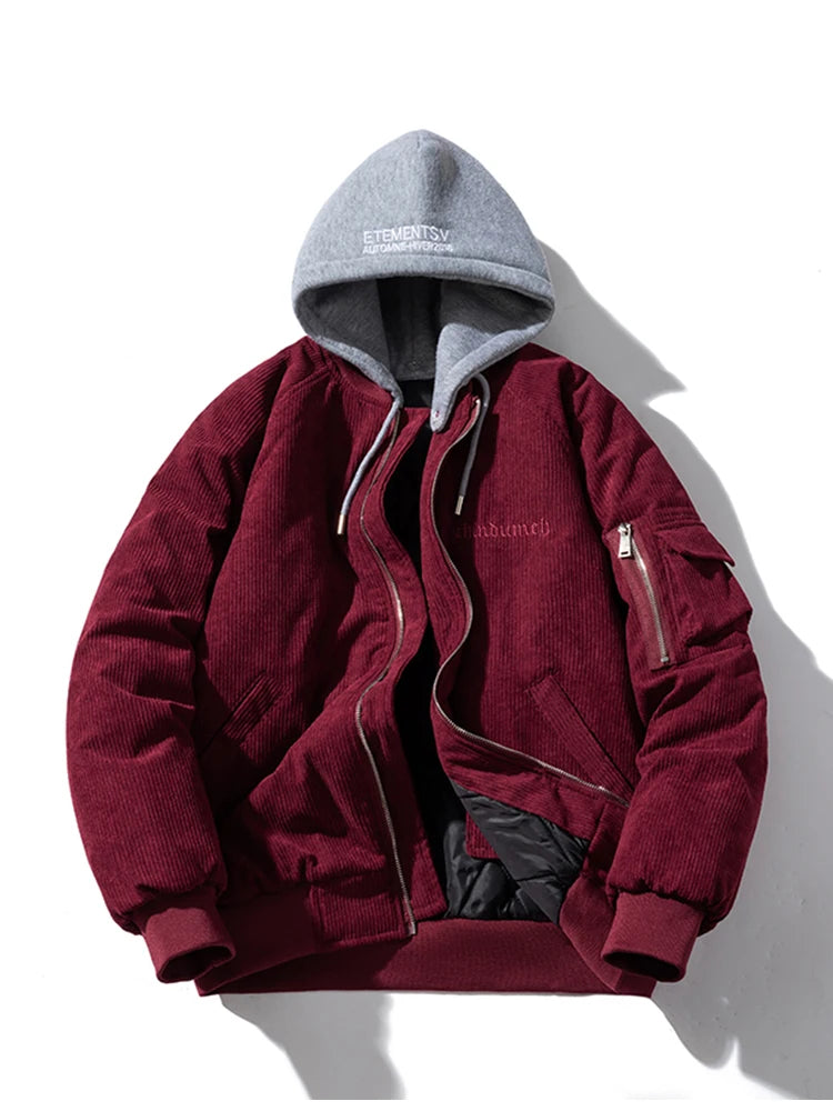 Fashion Bomber Jacket Man Vintage Letter Embroidery Pilot Jacket Women Solid Cotton Corduroy Autumn Winter Coat Hooded Designer