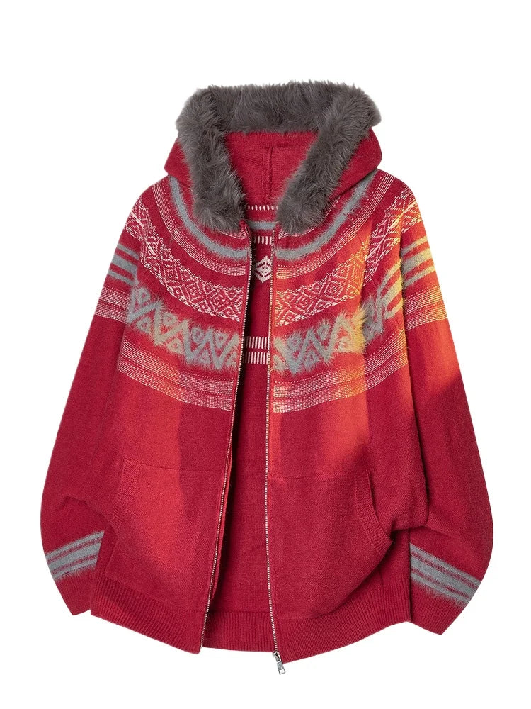 Cardigan Men Vintage Knitted Hooded Sweater Women Fashion Fur Collar Casual Jacquard Sweater Loose Japanese Harajuku Unisex Hat
