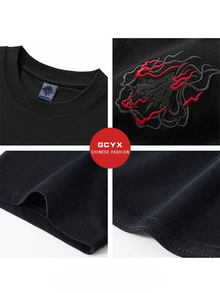 Mens T Shirts Coton Dragon Embroidery T Shirt Chinese Casual Short Sleeve Vintage Graphic Tees Loose Streetwear Summer Tops 2025