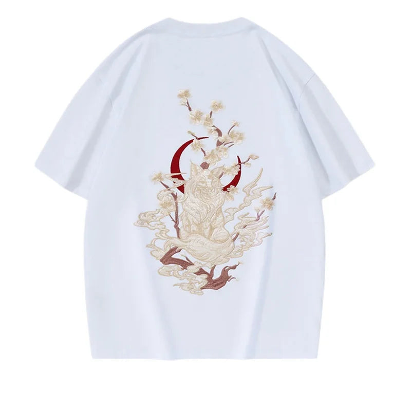 Summer Vintage T Shirt Men Fashion Embroidery T Shirt Women Harajuku Graphic T Shirts Fox Chinese Short Sleeve Loose Cool Unisex