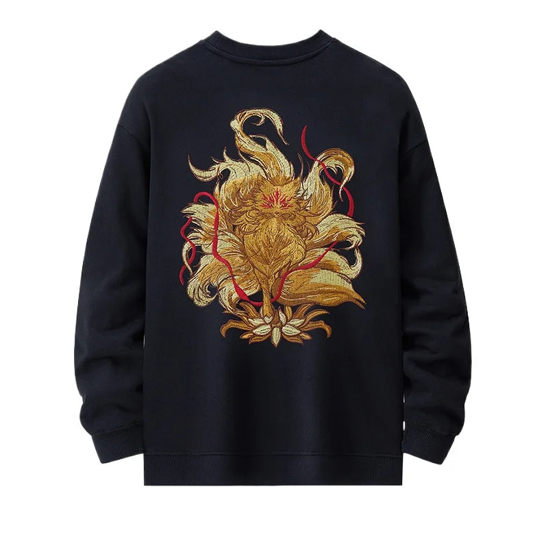 Hip Hop Crewneck Sweatshirt Men Vintage Fox Embroidery Hoodies Women Fashion Cotton Japanese Harajuku Pullover Streetwear Male
