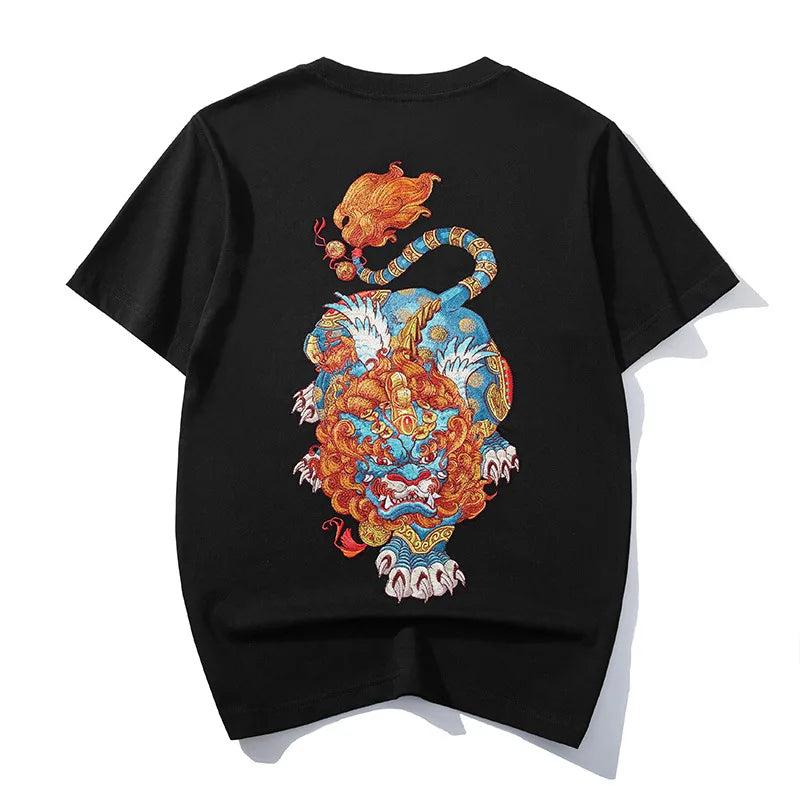 Men Summer Cotton T Shirt Embroidery Animal Chinese Oversize T Shirt O Neck Short Loose Tees Top Men Hipster High Quality 5XL