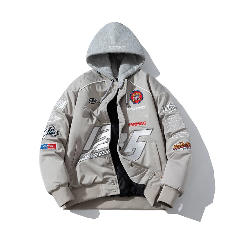 Autumn Winter Varsity Jacket Men Letter Embroidery Motorcycle Jacket Women Fashion Hooded Parkas American Baseball Coat Button