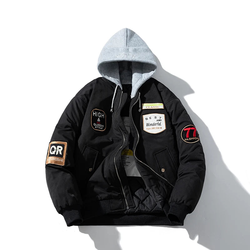Vintage Bomber Jacket Man Badge Army Pilot Jacket Mens Military Letter American Motorcycle Coat Hooded Winter Parkas Streetwear
