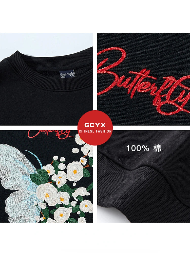 Fashion Crewneck Sweatshirt Men Butterfly Embroidery Hoodies Women Flower Graphic Harajuku Hoodies High Street Youth Streetwear