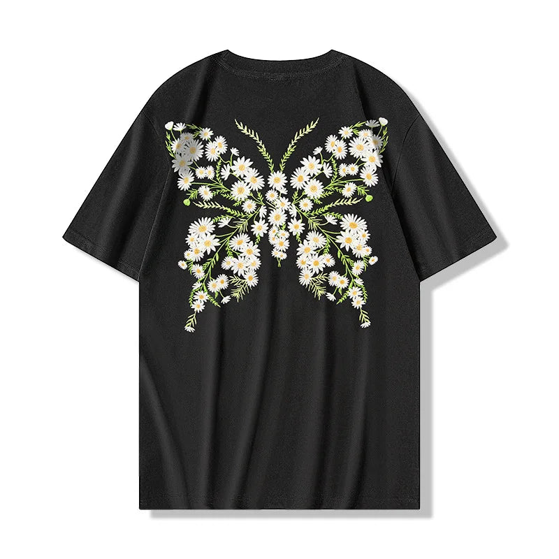 Fashion Man Embroidery T Shirt Woman Butterfly Daisy Harajuku Graphic Tees Luminous Short Sleeve Designer High Quality Couple